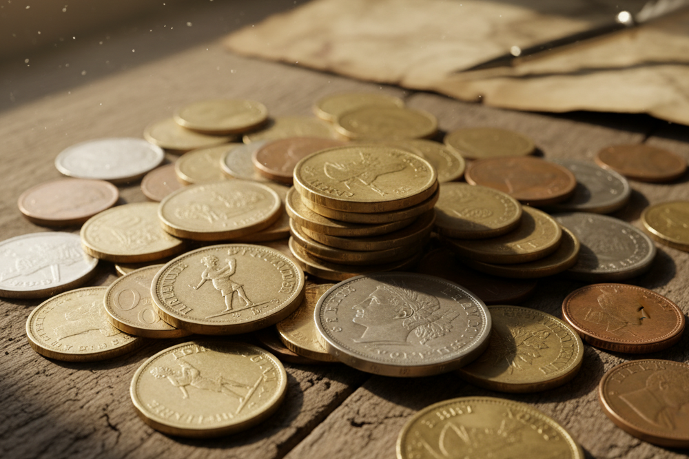 Pile of various old and modern coins on a wooden desk, highlighting professional Coin Buyers in Providence.